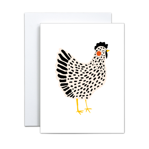 whimsical beige and black chicken illustration with a red circle on the cheek and yellow beak and feet on a white background greeting card