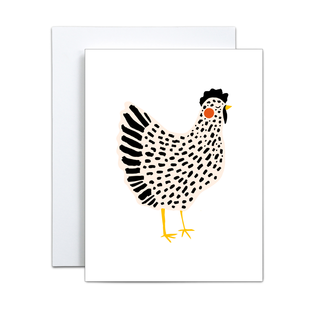 whimsical beige and black chicken illustration with a red circle on the cheek and yellow beak and feet on a white background greeting card