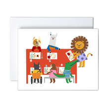 Load image into Gallery viewer, whimsical illustration of animal kids eating lunch in a school cafeteria on a white background greeting card
