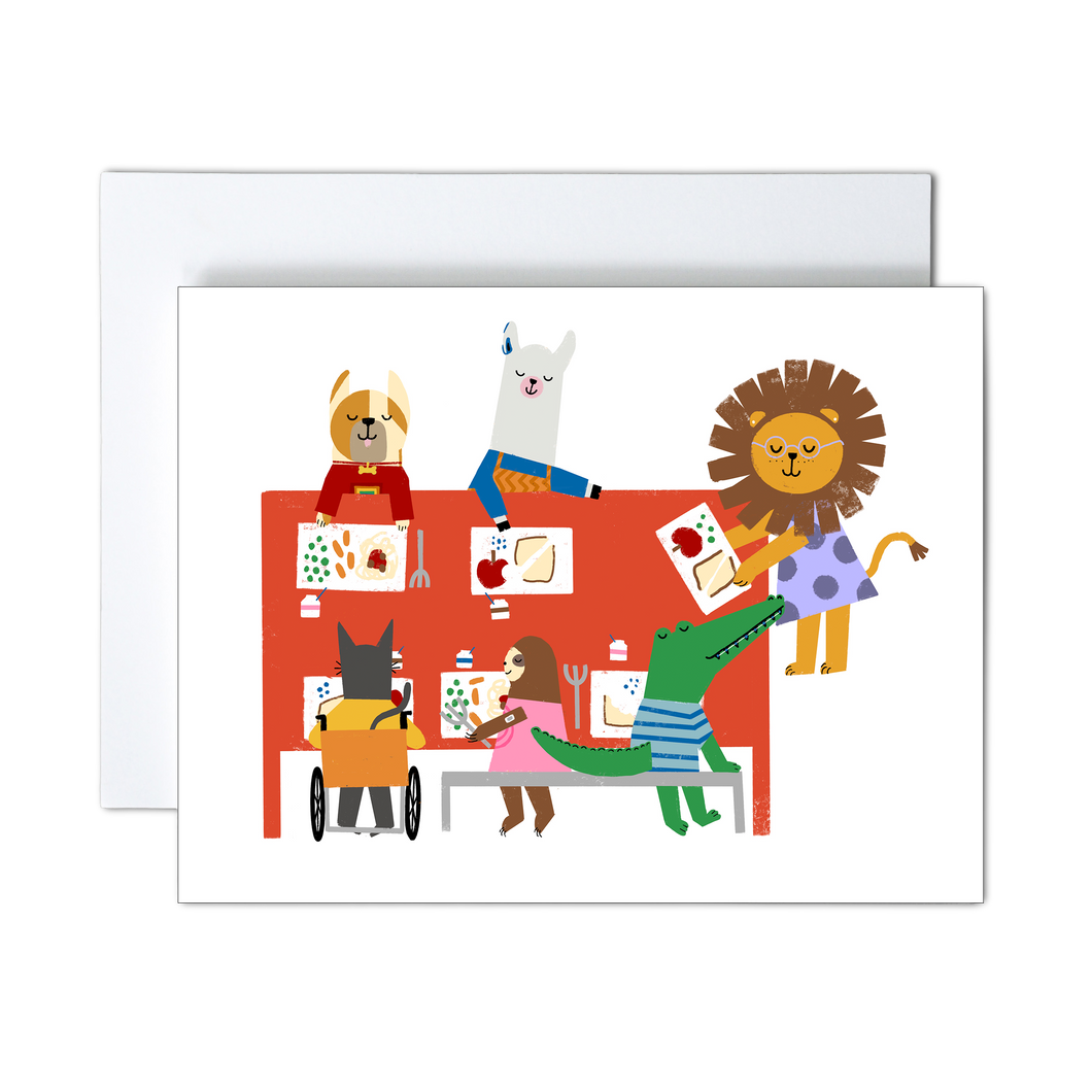 whimsical illustration of animal kids eating lunch in a school cafeteria on a white background greeting card