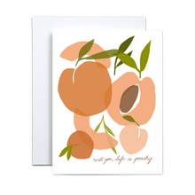 Load image into Gallery viewer, various peach shapes overlapping each other on a white background with hand written font saying &#39;with you life is peachy&#39; at the bottom in dark brown greeting card
