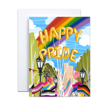 Load image into Gallery viewer, pride parade during a bright and sunny day with yellow balloons spelling out &#39;happy pride&#39; over numerous pride flags and a rainbow in the background greeting card
