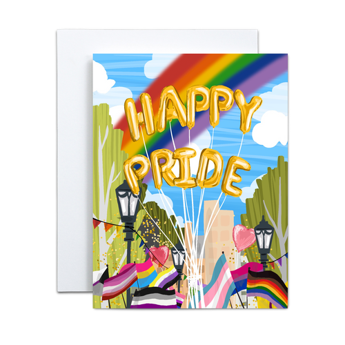 pride parade during a bright and sunny day with yellow balloons spelling out 'happy pride' over numerous pride flags and a rainbow in the background greeting card