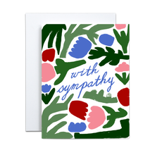Load image into Gallery viewer, floral block pattern with green stems and foliage and red, pink, and blue flowers with &#39;with sympathy&#39; in blue script font in the middle greeting card
