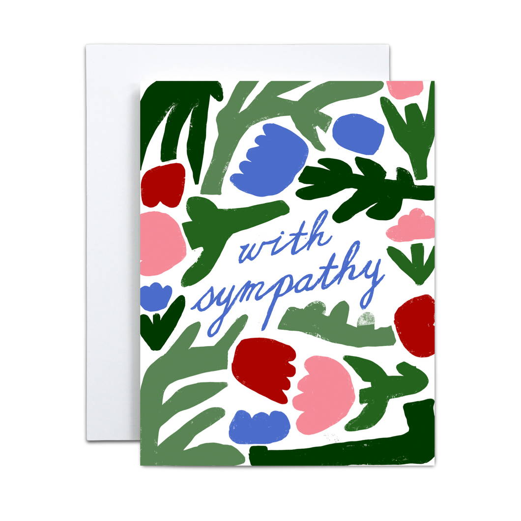 floral block pattern with green stems and foliage and red, pink, and blue flowers with 'with sympathy' in blue script font in the middle greeting card