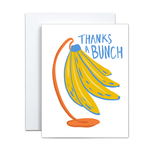 illustration of yellow bananas with blue details on an orange stand with 'thanks a bunch' written in blue greeting card