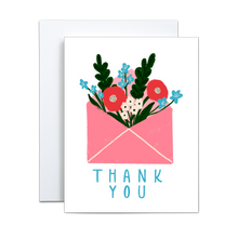 Load image into Gallery viewer, pink envelope with dark pink, white, and blue flowers and green foliage coming out with &#39;thank you&#39; written in blue at the bottom greeting card
