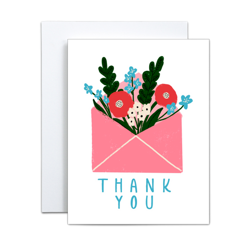 pink envelope with dark pink, white, and blue flowers and green foliage coming out with 'thank you' written in blue at the bottom greeting card