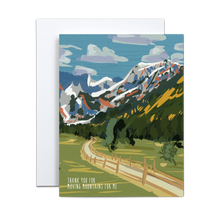 Load image into Gallery viewer, vibrant illustrated mountain landscape with a path with &#39;thank you for moving mountains for me&#39; written in white at the bottom left corner greeting card
