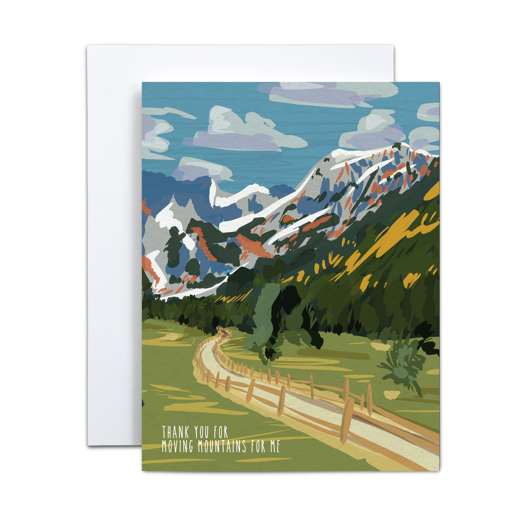 vibrant illustrated mountain landscape with a path with 'thank you for moving mountains for me' written in white at the bottom left corner greeting card