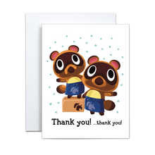 Load image into Gallery viewer, Illustration of characters Timmy and Tommy from animal crossing new horizons with teal triangle pattern in background with &#39;thank you... thank you&#39; written in black in associated font at the bottom greeting card
