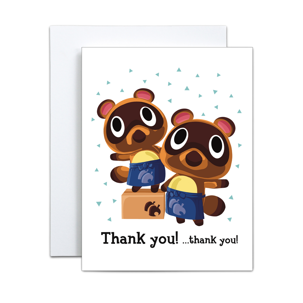Illustration of characters Timmy and Tommy from animal crossing new horizons with teal triangle pattern in background with 'thank you... thank you' written in black in associated font at the bottom greeting card