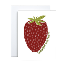 Load image into Gallery viewer, illustration of a red strawberry with green leaves on a white background with &#39;thank you berry much&#39; written alongside greeting card

