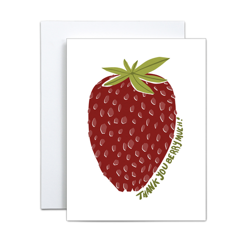 illustration of a red strawberry with green leaves on a white background with 'thank you berry much' written alongside greeting card