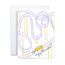 Load image into Gallery viewer, linework based illustration of a purple and yellow rollercoaster with a yellow cart with two shapes and wedding cans trailing off the back with &#39;enjoy the ride&#39; along the bottom greeting card
